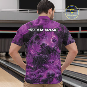 Custom Purple Flame Skull Bowling Quarter-Zip Shirts, Purple Smoke Bowling Hallween Outfit IPHW9471