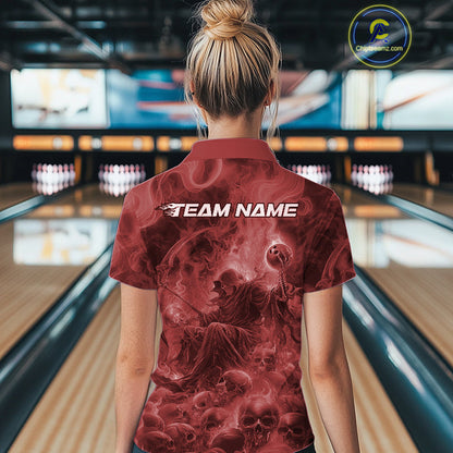 Custom Red Flame Skull Bowling Polo Shirts, Red Smoke Bowling Hallween Outfit IPHW9472
