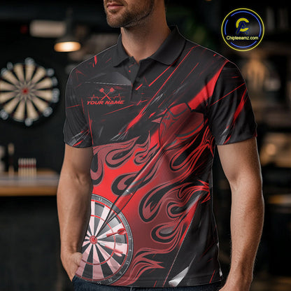 Custom Black And Red Flame Dartboard Dart Polo Shirts For Men, Dart Players Outfits IPHW9688