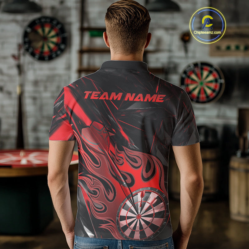 Custom Black And Red Flame Dartboard Dart Polo Shirts For Men, Dart Players Outfits IPHW9688
