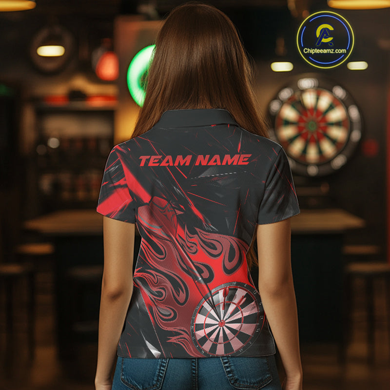 Custom Black And Red Flame Dartboard Dart Polo Shirts For Women, Dart Players Outfits IPHW9688