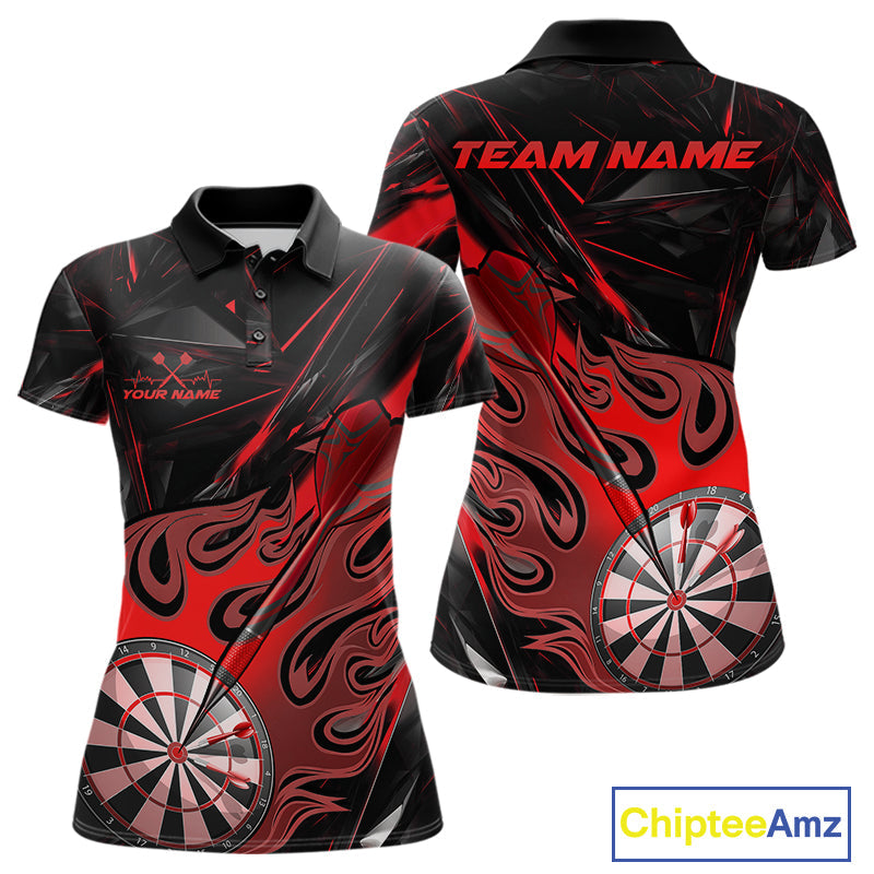 Custom Black And Red Flame Dartboard Dart Polo Shirts For Women, Dart Players Outfits IPHW9688