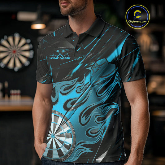 Custom Black And Blue Flame Dartboard Dart Polo Shirts For Men, Dart Players Outfits IPHW9689