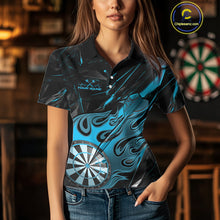 Load image into Gallery viewer, Custom Black And Blue Flame Dartboard Dart Polo Shirts For Women, Dart Players Outfits IPHW9689