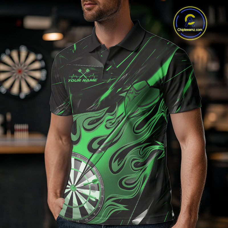 Custom Black And Green Flame Dartboard Dart Polo Shirts For Men, Dart Players Outfits IPHW9690