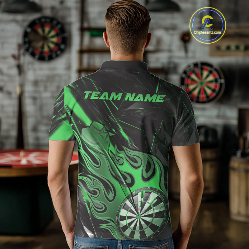 Custom Black And Green Flame Dartboard Dart Polo Shirts For Men, Dart Players Outfits IPHW9690