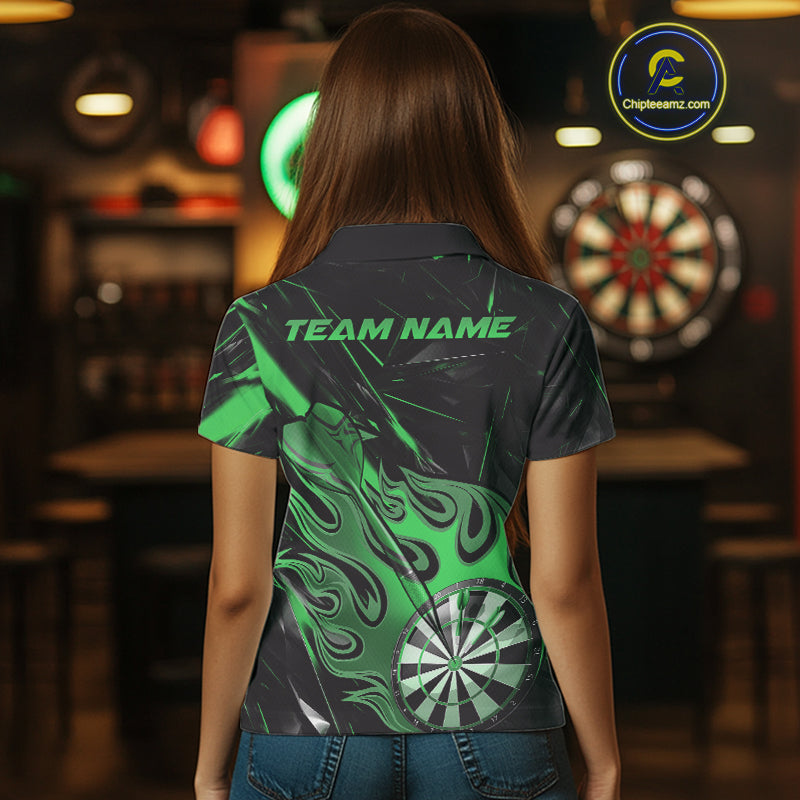 Custom Black And Green Flame Dartboard Dart Polo Shirts For Women, Dart Players Outfits IPHW9690