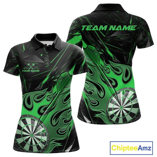 Custom Black And Green Flame Dartboard Dart Polo Shirts For Women, Dart Players Outfits IPHW9690