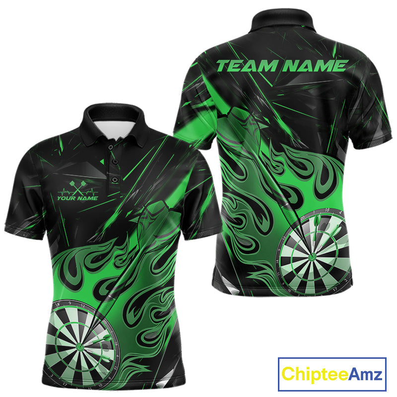 Custom Black And Green Flame Dartboard Dart Polo Shirts For Men, Dart Players Outfits IPHW9690