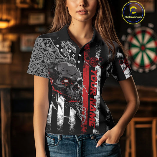 Custom Red Line American Flag Patriotic Skull Dart Women Polo Shirt, Halloween Outfit IPHW9691
