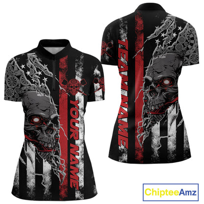 Custom Red Line US Flag Patriotic Skull Dart Women Quarter-Zip Shirts, Halloween Outfit IPHW9691