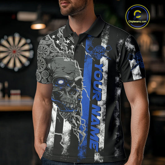 Custom Blue Line American Flag Patriotic Skull Dart Men Polo Shirts, Halloween Dart Outfit IPHW9692