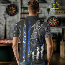 Load image into Gallery viewer, Custom Blue Line American Flag Patriotic Skull Dart Men Polo Shirts, Halloween Dart Outfit IPHW9692