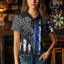 Load image into Gallery viewer, Custom Blue Line American Flag Patriotic Skull Dart Women Polo Shirt, Halloween Outfit IPHW9692
