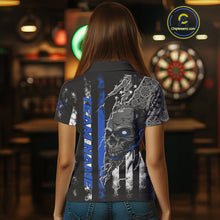 Load image into Gallery viewer, Custom Blue Line American Flag Patriotic Skull Dart Women Polo Shirt, Halloween Outfit IPHW9692
