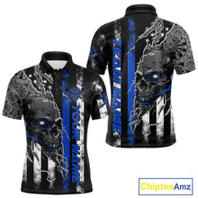 Load image into Gallery viewer, Custom Blue Line American Flag Patriotic Skull Dart Men Polo Shirts, Halloween Dart Outfit IPHW9692
