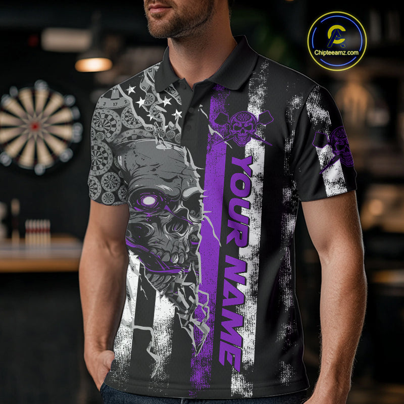 Custom Purple Line American Flag Patriotic Skull Dart Men Polo Shirts, Halloween Dart Outfit IPHW9693