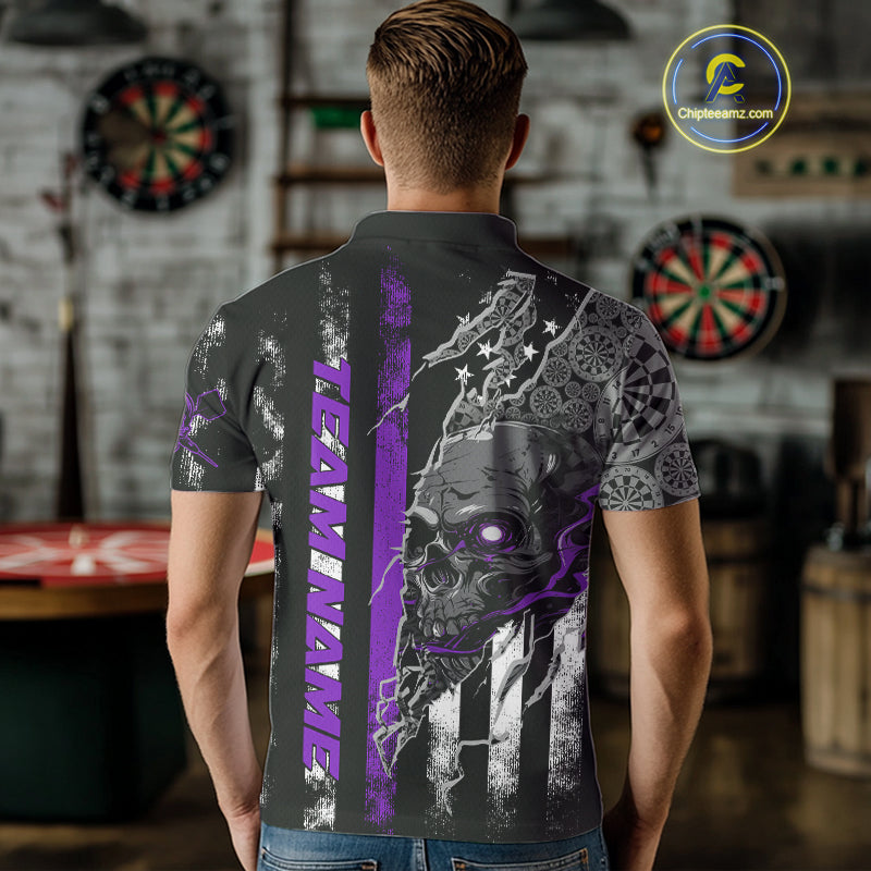 Custom Purple Line American Flag Patriotic Skull Dart Men Polo Shirts, Halloween Dart Outfit IPHW9693