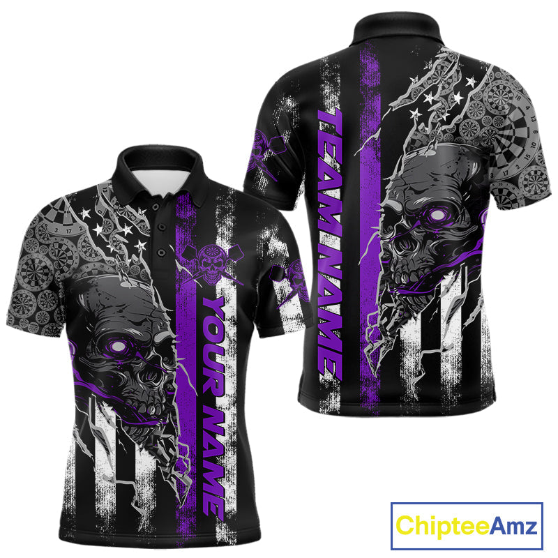 Custom Purple Line American Flag Patriotic Skull Dart Men Polo Shirts, Halloween Dart Outfit IPHW9693