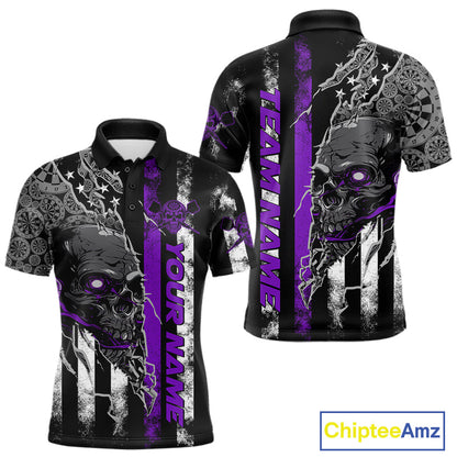 Custom Purple Line American Flag Patriotic Skull Dart Men Polo Shirts, Halloween Dart Outfit IPHW9693