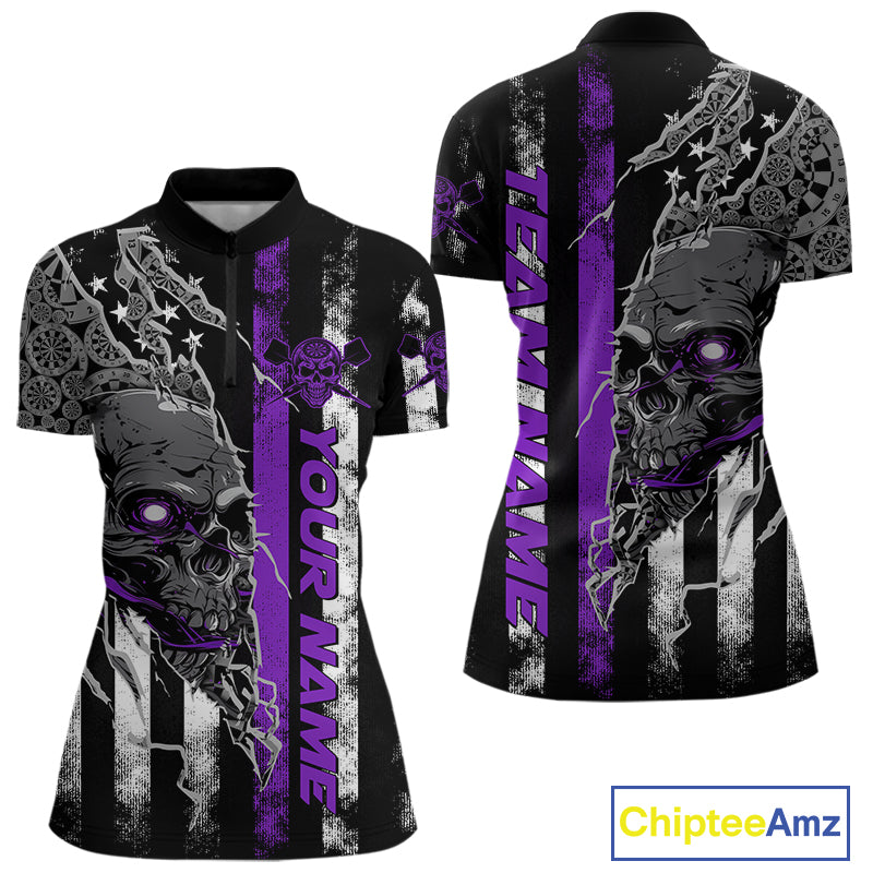 Custom Purple Line US Flag Patriotic Skull Dart Women Quarter-Zip Shirt, Halloween Outfit IPHW9693