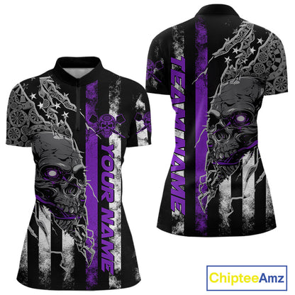 Custom Purple Line US Flag Patriotic Skull Dart Women Quarter-Zip Shirt, Halloween Outfit IPHW9693