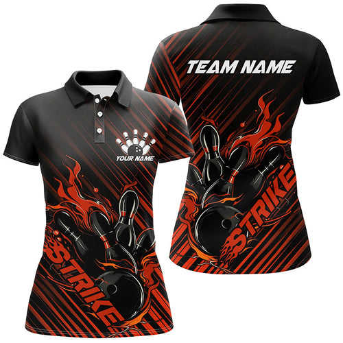 Custom Black And Orange Flame Ladies Bowling Shirts, Strike Bowling Team Shirts Outfit IPHW7424