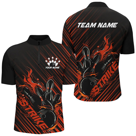 Custom Black And Orange Flame Bowling Shirts For Men, Strike Bowling Team Shirts Outfit Bowling IPHW7424