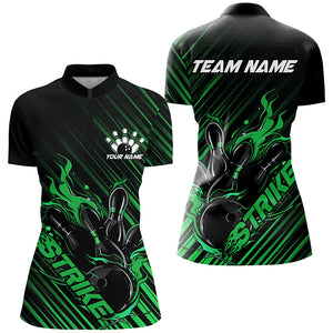 Custom Black And Green Flame Ladies Bowling Shirts, Strike Bowling Team Shirts Outfit IPHW7425