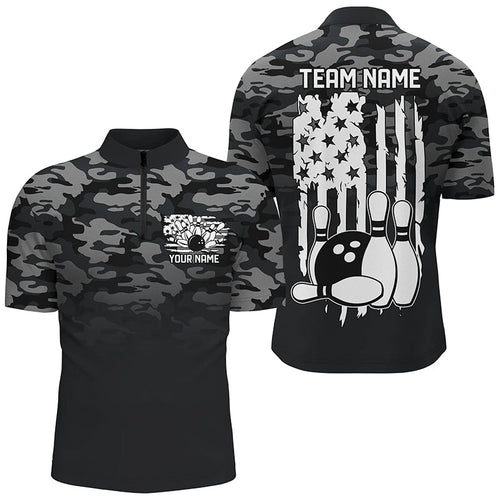 Gray Camo Custom Patriotic Bowling Team Shirts For Men, American Flag Bowling League Shirt IPHW7435