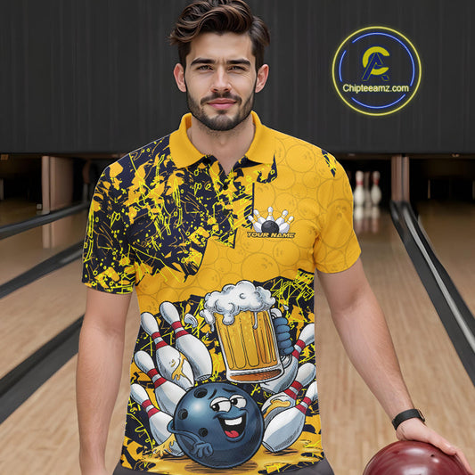Custom Funny Bowling Beer Men Polo Shirts, Yellow Camo Bowling Ball Pattern Bowling Jersey IPHW9825