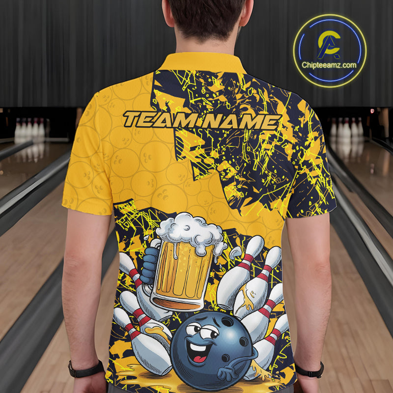 Custom Funny Bowling Beer Men Polo Shirts, Yellow Camo Bowling Ball Pattern Bowling Jersey IPHW9825