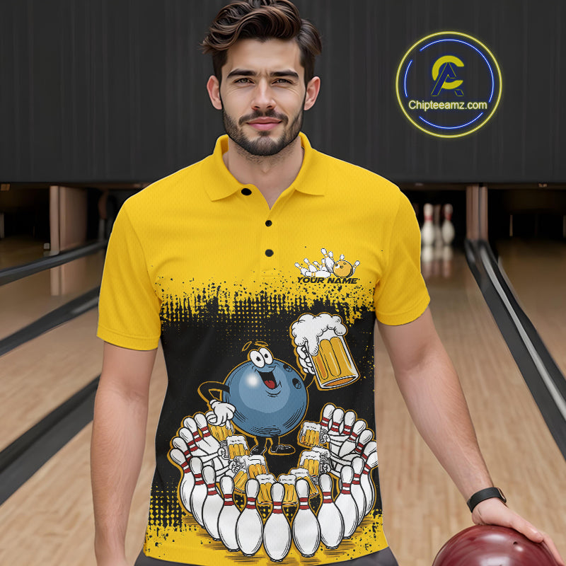 Custom Black And Yellow Funny Bowling Ball Drinking Beer Party Bowling Polo Shirts For Men IPHW9826