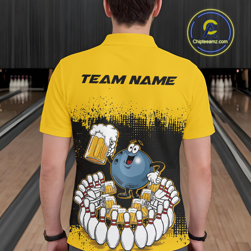 Custom Black And Yellow Funny Bowling Ball Drinking Beer Party Bowling Polo Shirts For Men IPHW9826