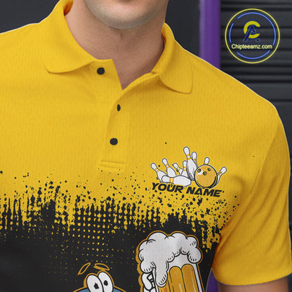 Custom Black And Yellow Funny Bowling Ball Drinking Beer Party Bowling Polo Shirts For Men IPHW9826