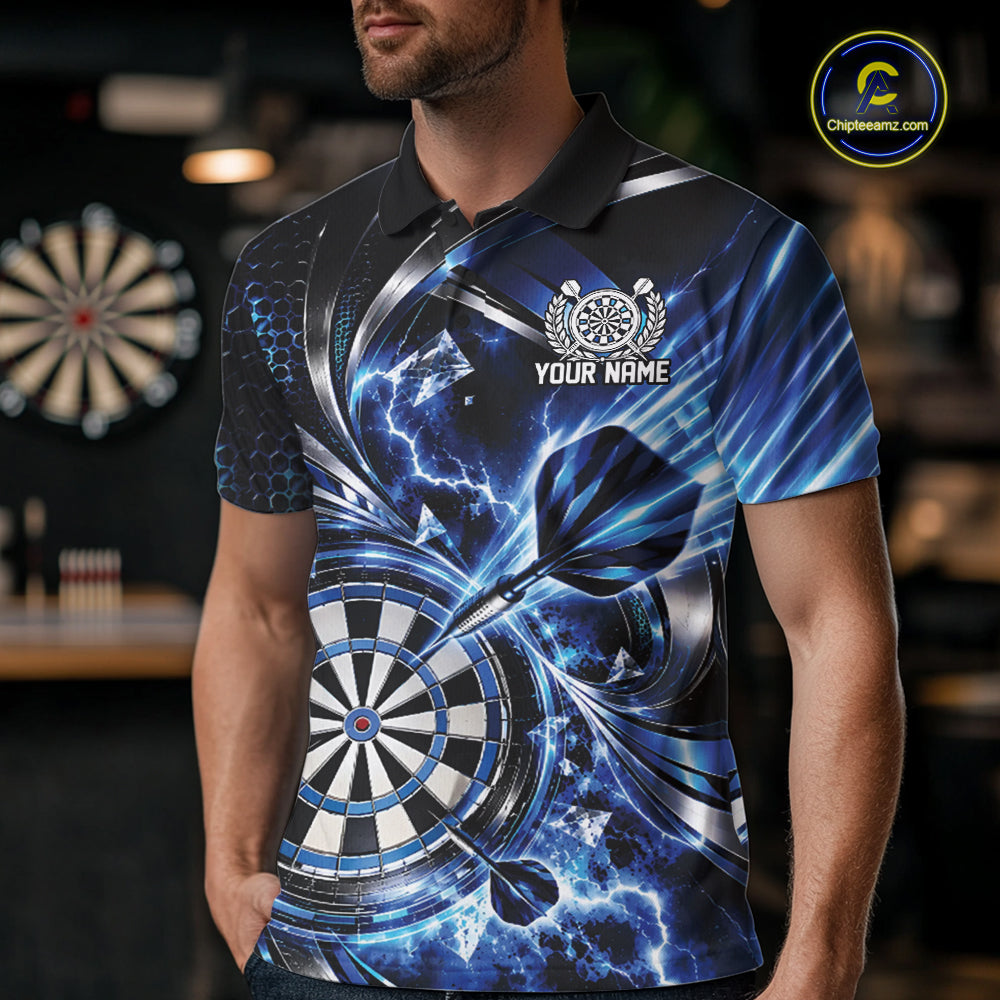 Black And Blue Thunder Lightning Custom Dart Team Men Polo Shirt With Name IPHW12579