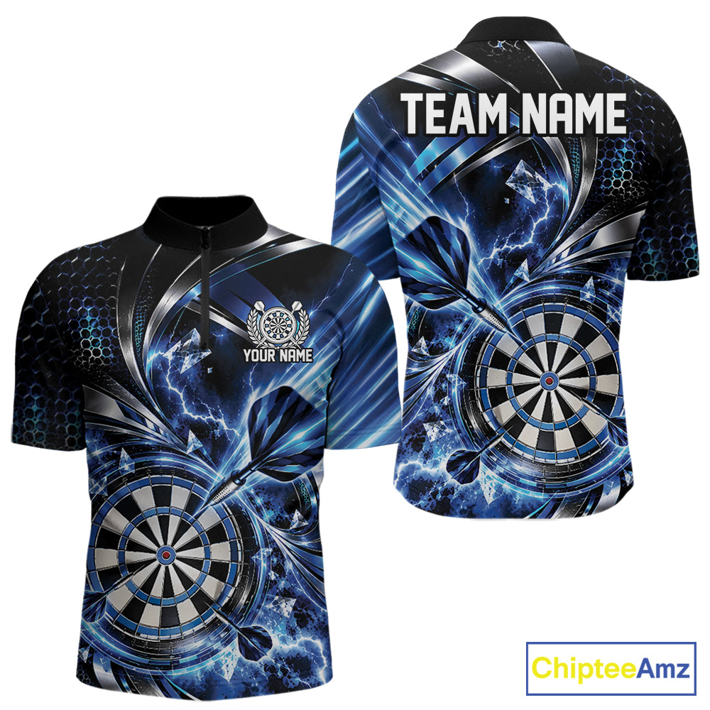 Black And Blue Thunder Lightning Custom Dart Team Men Quarter Zip Shirt With Name IPHW12579