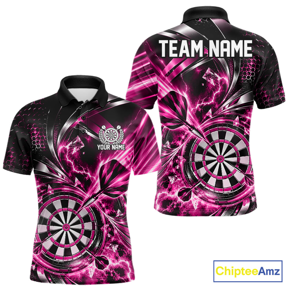Black And Pink Thunder Lightning Custom Dart Team Men Polo Shirt With Name IPHW12581