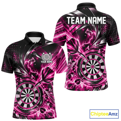 Black And Pink Thunder Lightning Custom Dart Team Men Polo Shirt With Name IPHW12581