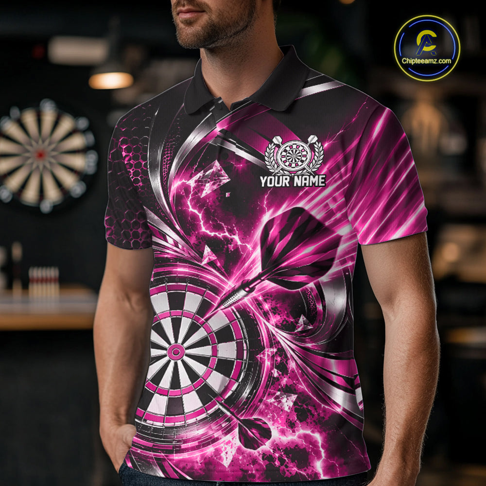 Black And Pink Thunder Lightning Custom Dart Team Men Polo Shirt With Name IPHW12581