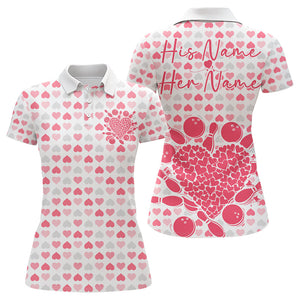 Custom White And Pink Heart Theme Valentine Bowling Polo Shirts For Women, Couple Outfit IPHW8363