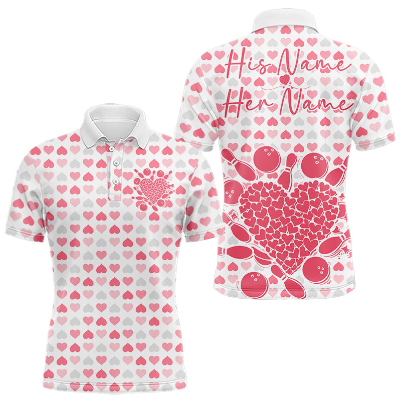 Custom White And Pink Heart Theme Valentine Bowling Polo Shirts For Men, Couple Outfit IPHW8363