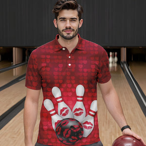 Bowling Kisses Red Heart Theme Custom Valentines Day Bowling Polo Shirts For Men IPHW8366