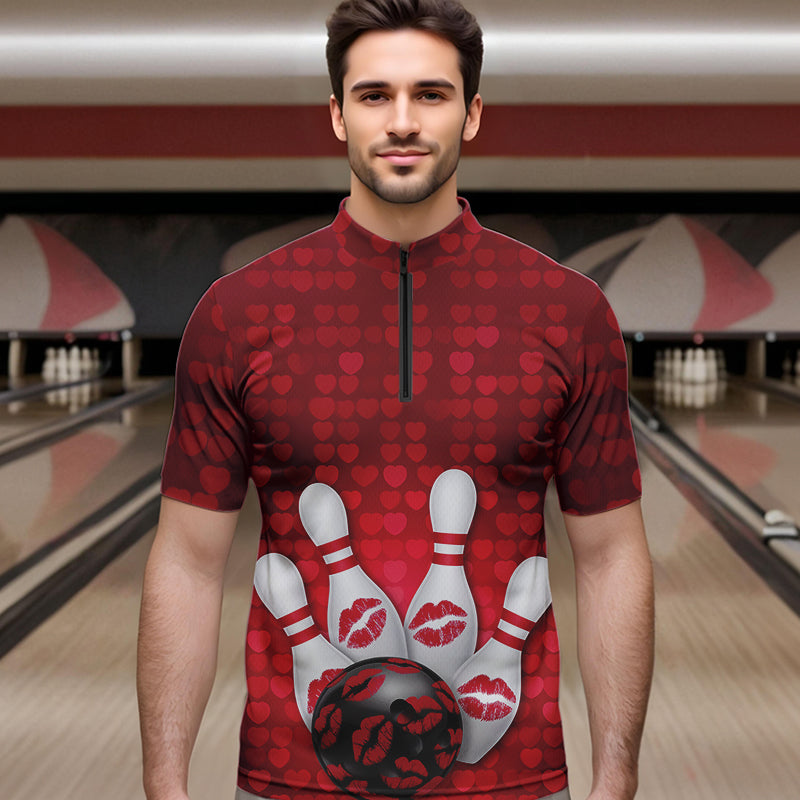 Bowling Kisses Red Heart Theme Custom Valentines Day Bowling Quarter-Zip Shirts For Men IPHW8366