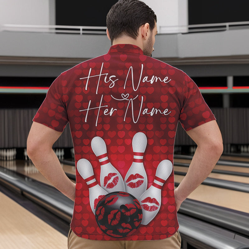 Bowling Kisses Red Heart Theme Custom Valentines Day Bowling Quarter-Zip Shirts For Men IPHW8366