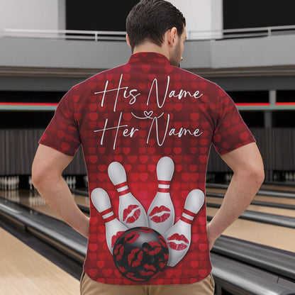 Bowling Kisses Red Heart Theme Custom Valentines Day Bowling Quarter-Zip Shirts For Men IPHW8366
