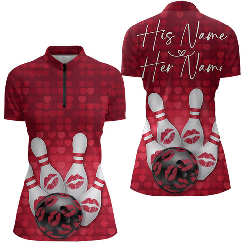 Bowling Kisses Red Heart Theme Custom Valentines Day Bowling Quarter-Zip Shirts For Women IPHW8366
