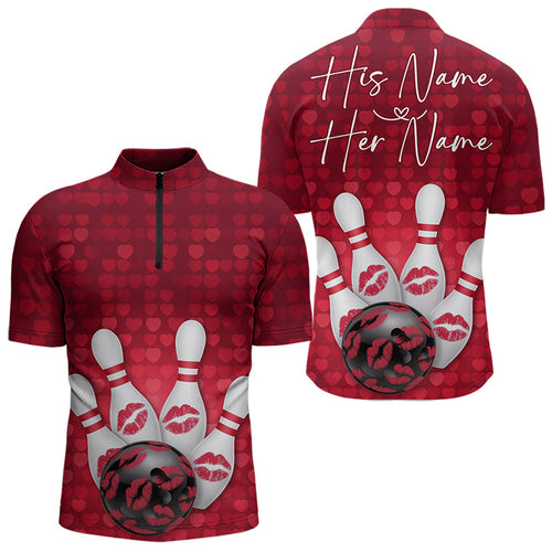 Bowling Kisses Red Heart Theme Custom Valentines Day Bowling Quarter-Zip Shirts For Men IPHW8366