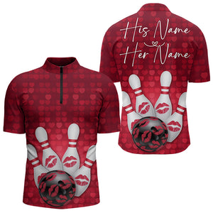 Bowling Kisses Red Heart Theme Custom Valentines Day Bowling Quarter-Zip Shirts For Men IPHW8366