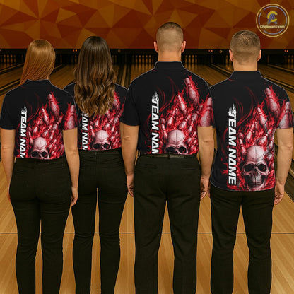 Custom Multi Styles Red Flame Skull Halloween Bowling Team Shirts, Bowling Tournament Shirt Bowling Jersey IPHW10439